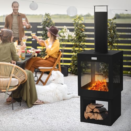 ML-Design Gartenkamin mit Schornstein 128x40 cm eckig, Stahl, Outdoor Gartenofen, Terrassenofen mit Schürhaken, abnehmbarem Dach, Holzablage, Terrassenkamin Feuerschale/Feuerkorb für Garten & Camping – Bild 8