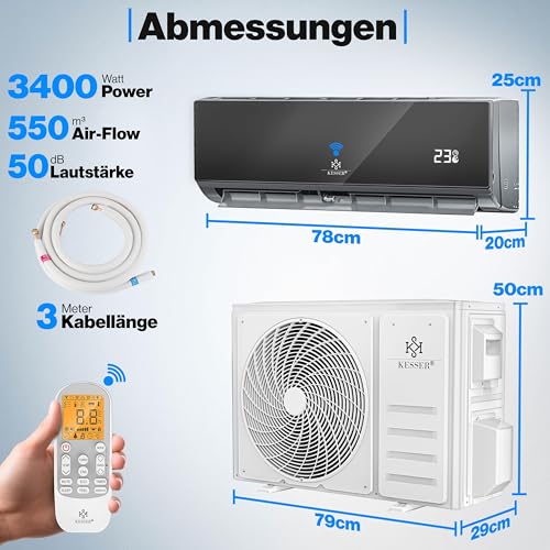 KESSER® Klimaanlage Set Split, WiFi/App Funktion Klimagerät, Kühlen A /Heizen A , 12000 BTU/h (3.400W) sehr leise, Kältemittel R32, Fernbedienung, Timerfunktion, Montagematerial – Bild 6