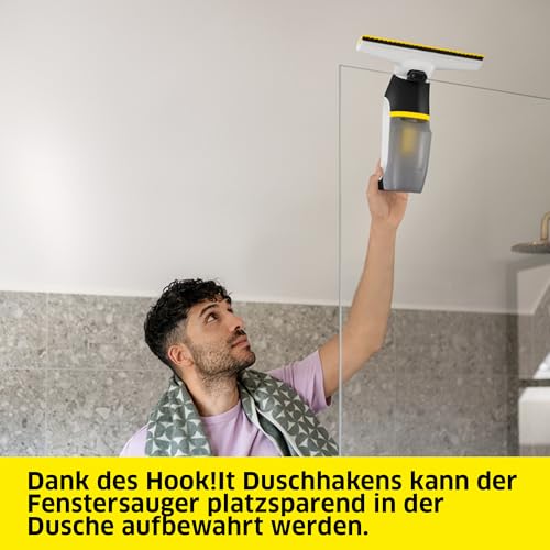 Kärcher Akku-Fenstersauger WV 3 Comfort Care, Laufzeit: 35 min, XXL-Schmutzwassertank: 200 ml, Absaugdüse (280 mm), Sprühflasche mit Mikrofaser-Wischbezug, Hook!It Duschhaken, 20 ml Fensterreiniger – Bild 4