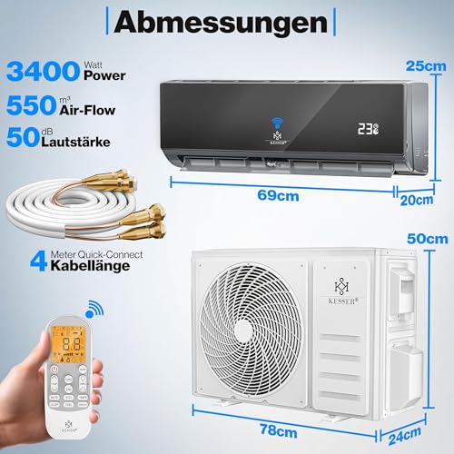 KESSER® Split Klimaanlage Set Quick Connect – WiFi & App Klimagerät mit Heizfunktion & Kühlmodus Wandklimaanlage, mit Kupferleitung 12000 BTU 3,4 kW Kältemittel R32 Inkl. Montagematerial – Bild 6