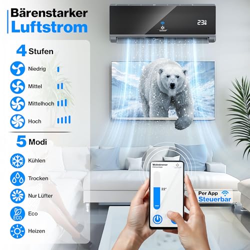 KESSER® Split Klimaanlage Set Quick Connect – WiFi & App Klimagerät mit Heizfunktion & Kühlmodus Wandklimaanlage, mit Kupferleitung 12000 BTU 3,4 kW Kältemittel R32 Inkl. Montagematerial – Bild 7
