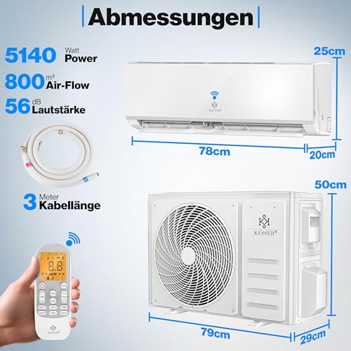 KESSER® Klimaanlage Set Split, WiFi/App Funktion Klimagerät, Kühlen A /Heizen A , 18000 BTU/h (5.300W) sehr leise, Kältemittel R32, Fernbedienung, Timerfunktion, Montagematerial – Bild 6