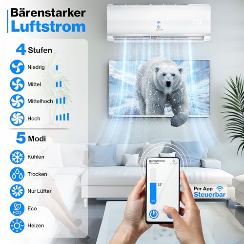 KESSER® Klimaanlage Set Split, WiFi/App Funktion Klimagerät, Kühlen A /Heizen A , 18000 BTU/h (5.300W) sehr leise, Kältemittel R32, Fernbedienung, Timerfunktion, Montagematerial – Bild 7
