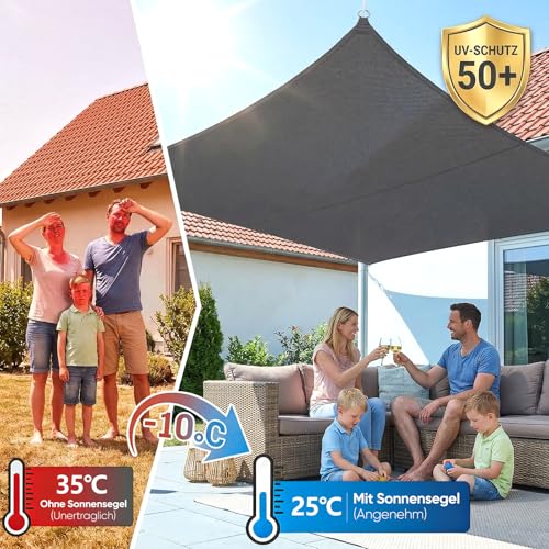 Sunula Sonnensegel Wasserdicht 4x5m Rechteckig – hochdichtes PES 160g/m², mit umlaufendem Gurtband & Edelstahl-Ringen, Nahtversiegelung & bis zu 95% UV-Schutz, für Balkon Terrasse Garten, Anthrazit – Bild 2
