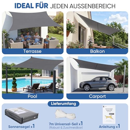 Sunula Sonnensegel Wasserdicht 4x5m Rechteckig – hochdichtes PES 160g/m², mit umlaufendem Gurtband & Edelstahl-Ringen, Nahtversiegelung & bis zu 95% UV-Schutz, für Balkon Terrasse Garten, Anthrazit – Bild 6