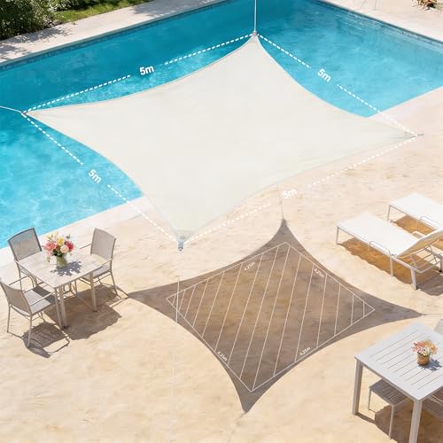HAIKUS Sonnensegel Wasserdicht Rechteckig 5x5m Sonnenschutz Wasserabweisend Premium PES Polyester mit UV Schutz für Balkon Garten Terrasse Quadratisch Creme – Bild 3