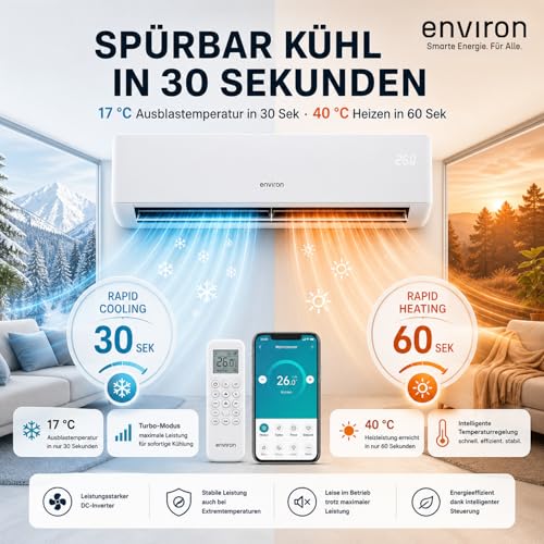 ENVIRON® Split Klimaanlage A | - WiFi/App Funktion | 19 dB – leiser als Ihr eigener Atem | vergoldeter Verdampfer und Kondensator (Mit Wandhalterung, 12.000 BTU (3,5 kW)) – Bild 2