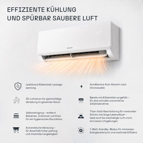 ENVIRON® Split Klimaanlage A | - WiFi/App Funktion | 19 dB – leiser als Ihr eigener Atem | vergoldeter Verdampfer und Kondensator (Mit Wandhalterung, 12.000 BTU (3,5 kW)) – Bild 4