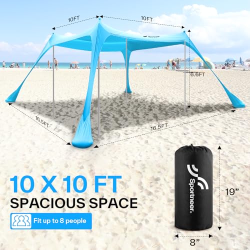 Sonnensegel Strand Strandzelt Sonnenschutz UPF50 , 3m X 3m X 2m Strand Sonnenschutz Mit 4 Alustangen 4 SandsäCken Und 4 Ground Anchor, Sonnendach Strandpavillon Leicht Für Picknick Reise – Bild 2