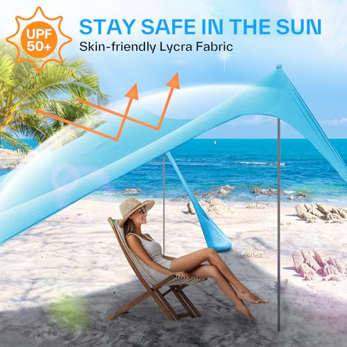 Sonnensegel Strand Strandzelt Sonnenschutz UPF50 , 3m X 3m X 2m Strand Sonnenschutz Mit 4 Alustangen 4 SandsäCken Und 4 Ground Anchor, Sonnendach Strandpavillon Leicht Für Picknick Reise – Bild 3
