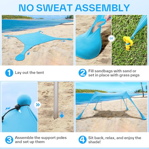 Sonnensegel Strand Strandzelt Sonnenschutz UPF50 , 3m X 3m X 2m Strand Sonnenschutz Mit 4 Alustangen 4 SandsäCken Und 4 Ground Anchor, Sonnendach Strandpavillon Leicht Für Picknick Reise – Bild 5