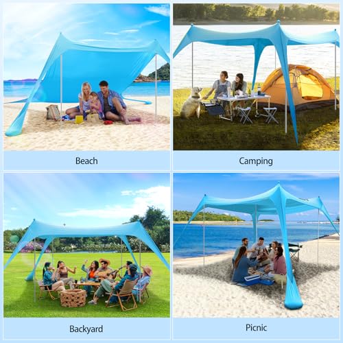 Sonnensegel Strand Strandzelt Sonnenschutz UPF50 , 3m X 3m X 2m Strand Sonnenschutz Mit 4 Alustangen 4 SandsäCken Und 4 Ground Anchor, Sonnendach Strandpavillon Leicht Für Picknick Reise – Bild 8