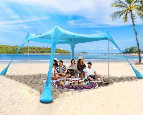 Sonnensegel Strand Strandzelt Sonnenschutz UPF50 , 3m X 3m X 2m Strand Sonnenschutz Mit 4 Alustangen 4 SandsäCken Und 4 Ground Anchor, Sonnendach Strandpavillon Leicht Für Picknick Reise