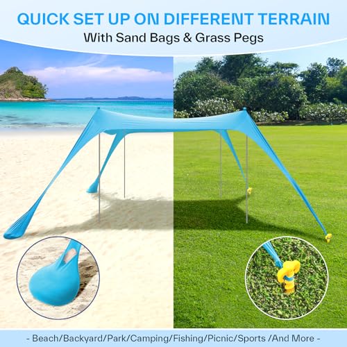 Sonnensegel Strand Strandzelt Sonnenschutz UPF50 , 3m X 3m X 2m Strand Sonnenschutz Mit 4 Alustangen 4 SandsäCken Und 4 Ground Anchor, Sonnendach Strandpavillon Leicht Für Picknick Reise – Bild 4