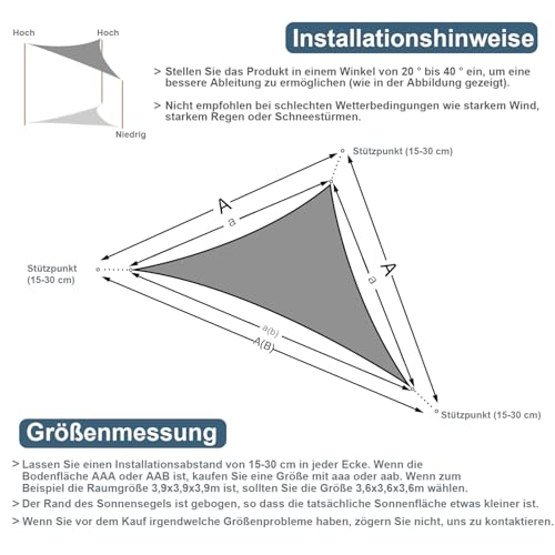 COOL AREA Sonnensegel Wasserdicht Dreieckig 6x6x6m Sonnenschutz 95% UV Schutz Windschutz,Wasserabweisend Segel Geeignet für Außenbereiche wie Garten Balkon Terrasse-Anthrazit – Bild 6