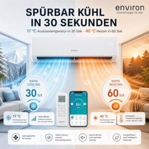 Alternative view of ENVIRON® Split Klimaanlage A | - WiFi/App Funktion | 19 dB – leiser als Ihr eigener Atem | vergoldeter Verdampfer und Kondensator (Mit Wandhalterung, 9.000 BTU (2,6 kW))