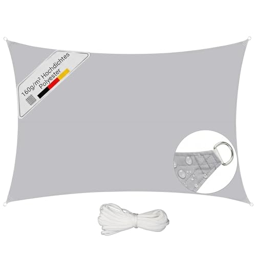 Sunula Sonnensegel Wasserdicht 4x5m Rechteckig – hochdichtes PES 160g/m², mit umlaufendem Gurtband & Edelstahl-Ringen, Nahtversiegelung & bis zu 95% UV-Schutz, für Balkon Terrasse Garten, Hellgrau
