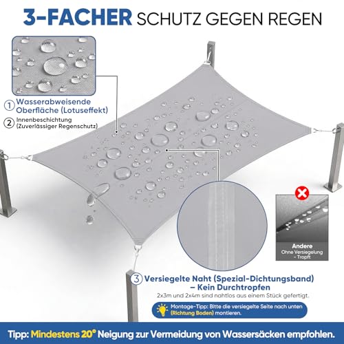 Sunula Sonnensegel Wasserdicht 4x5m Rechteckig – hochdichtes PES 160g/m², mit umlaufendem Gurtband & Edelstahl-Ringen, Nahtversiegelung & bis zu 95% UV-Schutz, für Balkon Terrasse Garten, Hellgrau – Bild 3