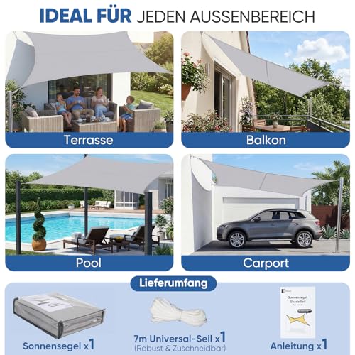 Sunula Sonnensegel Wasserdicht 4x5m Rechteckig – hochdichtes PES 160g/m², mit umlaufendem Gurtband & Edelstahl-Ringen, Nahtversiegelung & bis zu 95% UV-Schutz, für Balkon Terrasse Garten, Hellgrau – Bild 6