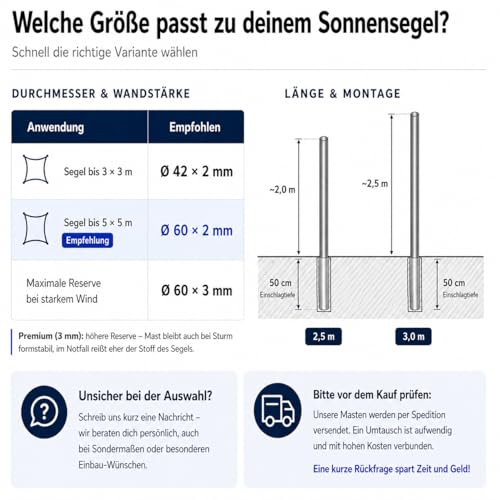 Sonnensegelmast 2,5-3m Höhenverstellbar Edelstahl mit Bodenhülse Sonnensegel Mast Pfosten Stange (⌀60x3mm 3m mit Bodenhülse) – Bild 6