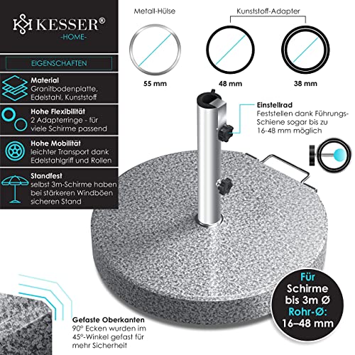 KESSER® Granit Sonnenschirmständer mit Edelstahlrohr, Hochwertiger Schirmständer Rund Sockel 30KG - für Schirmstöcke bis 16-48 mm, Inkl. Transport Griff Garten Balkonschirmständer, Grau – Bild 2