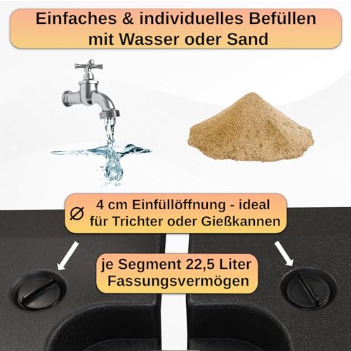 Montafox Sonnenschirmständer 4-teilig Schirmgewicht für Ampelschirm Bodenkreuz schwarz 90 Liter / 150 kg - befüllbar mit Wasser oder Sand 7 Jahre Garantie auf Material* – Bild 2