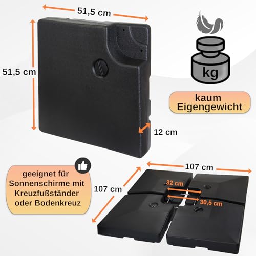 Montafox Sonnenschirmständer 4-teilig Schirmgewicht für Ampelschirm Bodenkreuz schwarz 90 Liter / 150 kg - befüllbar mit Wasser oder Sand 7 Jahre Garantie auf Material* – Bild 3