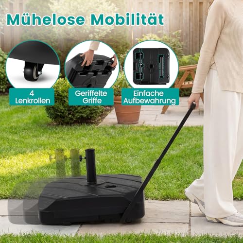COSTWAY Sonnenschirmständer mit Rollen & Zugstange, Schirmständer befüllbar mit 45 L Wasser oder 72 kg Sand, Marktschirmständer für Schirmstangen von 38/48 mm, Sonnenschirm Ständer – Bild 3