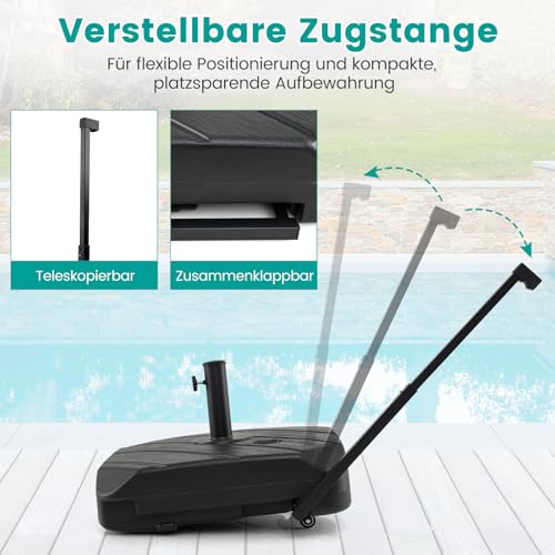 COSTWAY Sonnenschirmständer mit Rollen & Zugstange, Schirmständer befüllbar mit 45 L Wasser oder 72 kg Sand, Marktschirmständer für Schirmstangen von 38/48 mm, Sonnenschirm Ständer – Bild 4