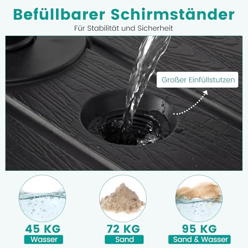 COSTWAY Sonnenschirmständer mit Rollen & Zugstange, Schirmständer befüllbar mit 45 L Wasser oder 72 kg Sand, Marktschirmständer für Schirmstangen von 38/48 mm, Sonnenschirm Ständer – Bild 5