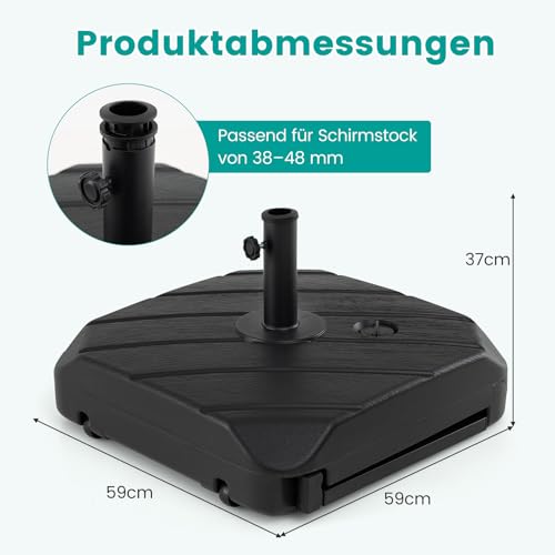 COSTWAY Sonnenschirmständer mit Rollen & Zugstange, Schirmständer befüllbar mit 45 L Wasser oder 72 kg Sand, Marktschirmständer für Schirmstangen von 38/48 mm, Sonnenschirm Ständer – Bild 6