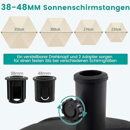 COSTWAY Sonnenschirmständer mit Rollen & Zugstange, Schirmständer befüllbar mit 45 L Wasser oder 72 kg Sand, Marktschirmständer für Schirmstangen von 38/48 mm, Sonnenschirm Ständer – Bild 7