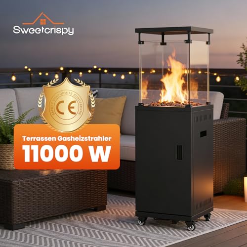 Sweetcrispy Heizstrahler Terrasse Gas 11 kW, Terrassenheizer, Propan Butan Gasheizstrahler, Mobiler Tragbarer Heizpilz, 360° Rollen Kippschutz, Gasheizer Gasheizung für Outdoor Garten – Bild 2