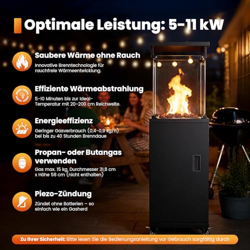Sweetcrispy Heizstrahler Terrasse Gas 11 kW, Terrassenheizer, Propan Butan Gasheizstrahler, Mobiler Tragbarer Heizpilz, 360° Rollen Kippschutz, Gasheizer Gasheizung für Outdoor Garten – Bild 3