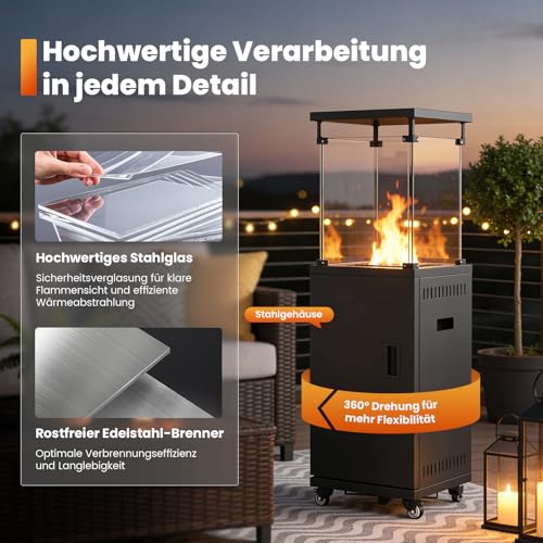 Sweetcrispy Heizstrahler Terrasse Gas 11 kW, Terrassenheizer, Propan Butan Gasheizstrahler, Mobiler Tragbarer Heizpilz, 360° Rollen Kippschutz, Gasheizer Gasheizung für Outdoor Garten – Bild 4