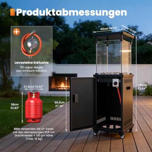 Sweetcrispy Heizstrahler Terrasse Gas 11 kW, Terrassenheizer, Propan Butan Gasheizstrahler, Mobiler Tragbarer Heizpilz, 360° Rollen Kippschutz, Gasheizer Gasheizung für Outdoor Garten – Bild 7
