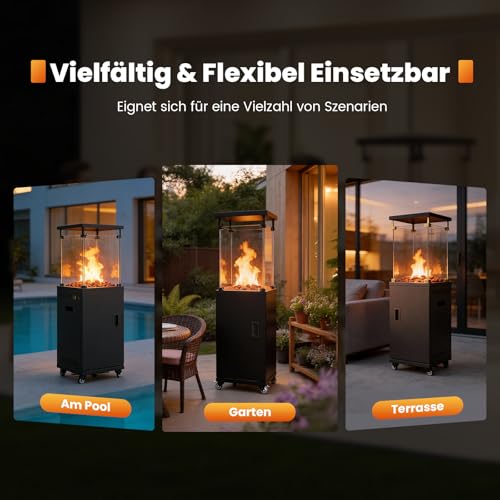 Sweetcrispy Heizstrahler Terrasse Gas 11 kW, Terrassenheizer, Propan Butan Gasheizstrahler, Mobiler Tragbarer Heizpilz, 360° Rollen Kippschutz, Gasheizer Gasheizung für Outdoor Garten – Bild 8