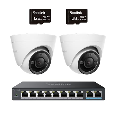 Reolink 12MP PoE Überwachungskamera Aussen mit IR- und Farbige Nachtsicht, Zwei-Wege-Audio, 24/7 Aufnahme, Smarte Erkennung, Outdoor IP-Kamera, RLC-1224A*2 mit 128GB mircoSD Karten*2 und PoE Switch