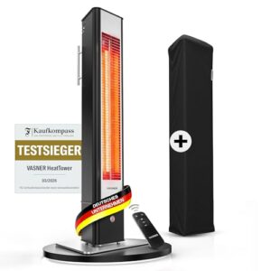 VASNER HeatTower schwarz AirCape schwarz – Infrarot Standheizstrahler 2500 Watt mit Abdeckhaube, Heizstrahler Terrasse, 4 Heizstufen, Fernbedienung, Terrassenstrahler elektrisch, IP65 Outdoor Schutz