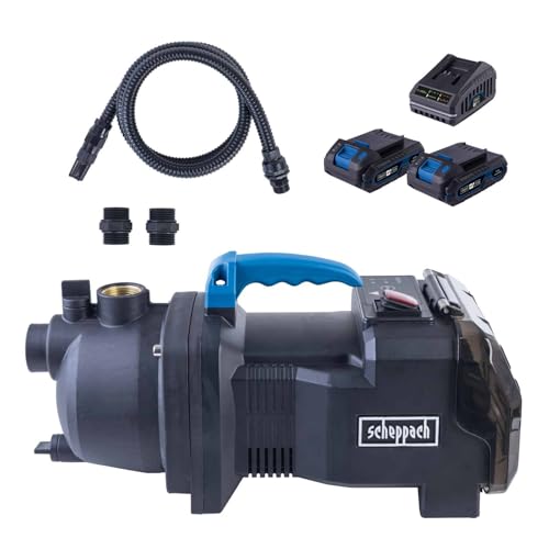 Scheppach Akku Gartenpumpe C-GP3000-X mit 2 Schlauch | Fördermenge 3000 L/h | Förderhöhe 25m | Eintauchtiefe 8m | Förderdruck 2,6bar | 20V-IXES-Serie | 10 Jahre Garantie | mit 2x 2Ah Akku & Ladegerät