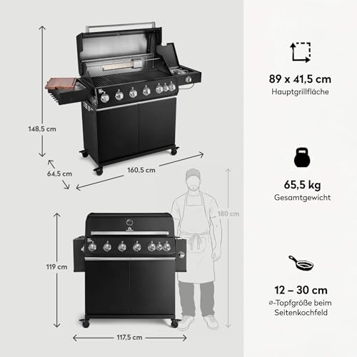 BURNHARD® Gasgrill 6-Brenner, 3,5 kW Edelstahl-Stabbrenner, Infrarot-Keramikbrenner, Heckbrenner, Seitenkochfeld, Gussrost, große Grillfläche, Piezo-Zündung – Fat FRED Deluxe – Bild 3
