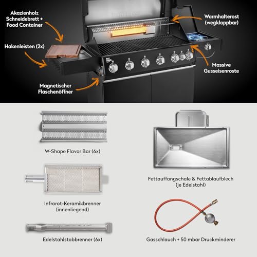 BURNHARD® Gasgrill 6-Brenner, 3,5 kW Edelstahl-Stabbrenner, Infrarot-Keramikbrenner, Heckbrenner, Seitenkochfeld, Gussrost, große Grillfläche, Piezo-Zündung – Fat FRED Deluxe – Bild 4