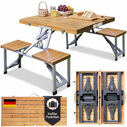 Casaria® Campingtisch mit Stühlen Klappbar Tragegriff Schirmhalter 4 Personen Picknicktisch Koffertisch Klapptisch Campingmöbel Set Leicht Holz
