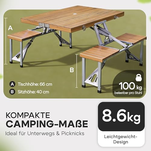 Casaria® Campingtisch mit Stühlen Klappbar Tragegriff Schirmhalter 4 Personen Picknicktisch Koffertisch Klapptisch Campingmöbel Set Leicht Holz – Bild 2