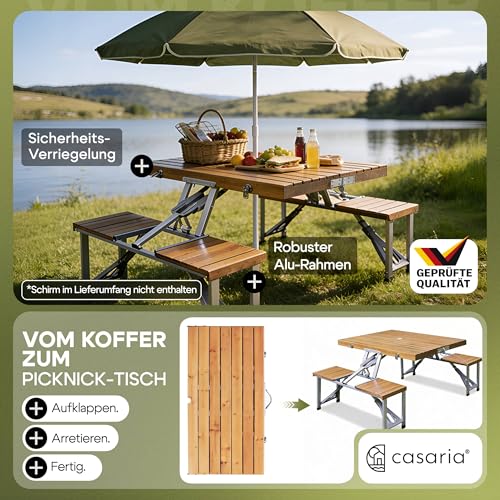 Casaria® Campingtisch mit Stühlen Klappbar Tragegriff Schirmhalter 4 Personen Picknicktisch Koffertisch Klapptisch Campingmöbel Set Leicht Holz – Bild 3