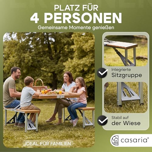 Casaria® Campingtisch mit Stühlen Klappbar Tragegriff Schirmhalter 4 Personen Picknicktisch Koffertisch Klapptisch Campingmöbel Set Leicht Holz – Bild 5