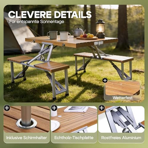 Casaria® Campingtisch mit Stühlen Klappbar Tragegriff Schirmhalter 4 Personen Picknicktisch Koffertisch Klapptisch Campingmöbel Set Leicht Holz – Bild 7