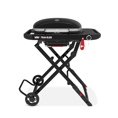 Weber Traveler Compact Gasgrill (2026) / Tragbares klappbares Design mit Rädern, Automatische Deckelarretierung und Deckelthermometer, 1 Brenner, 81 cm breit, 52 x 36 cm Grillfläche, Schwarz