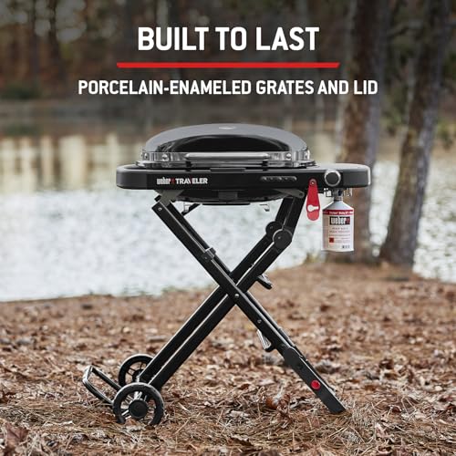 Weber Traveler Compact Gasgrill (2026) / Tragbares klappbares Design mit Rädern, Automatische Deckelarretierung und Deckelthermometer, 1 Brenner, 81 cm breit, 52 x 36 cm Grillfläche, Schwarz – Bild 10