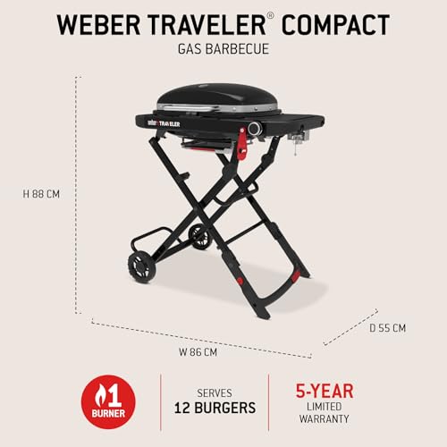 Weber Traveler Compact Gasgrill (2026) / Tragbares klappbares Design mit Rädern, Automatische Deckelarretierung und Deckelthermometer, 1 Brenner, 81 cm breit, 52 x 36 cm Grillfläche, Schwarz – Bild 5